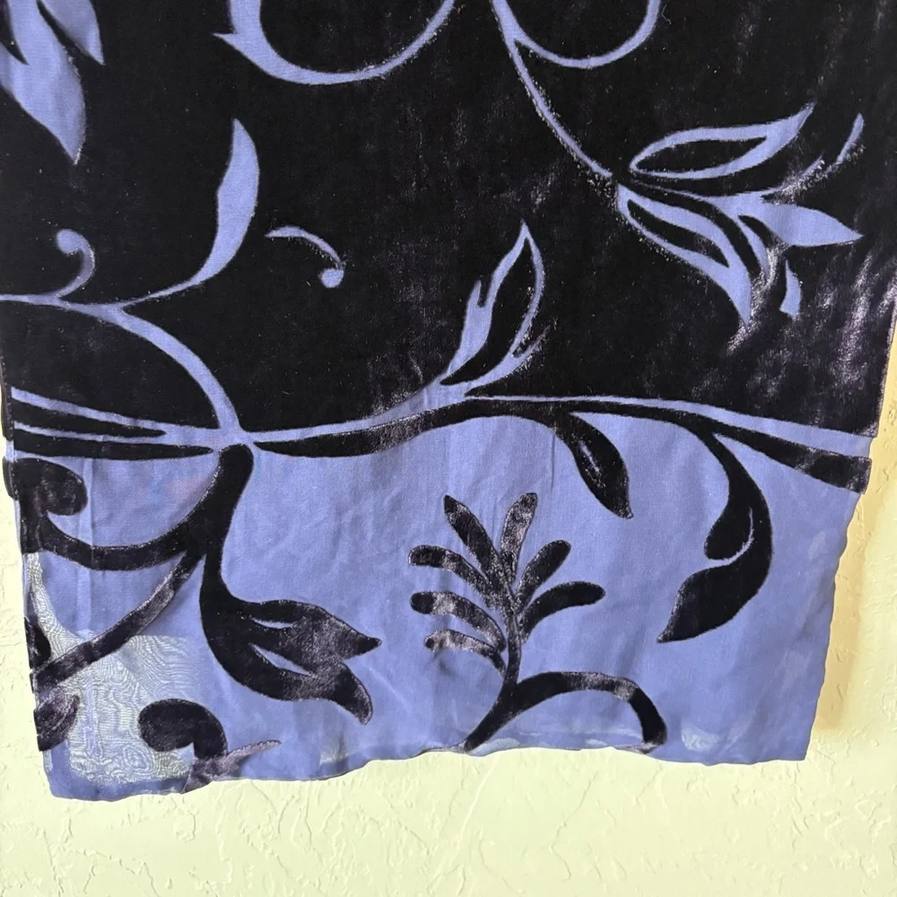 Silk Blend Burnout Velvet Scarf Navy Blue Floral 14x74 Elegant Lightweight